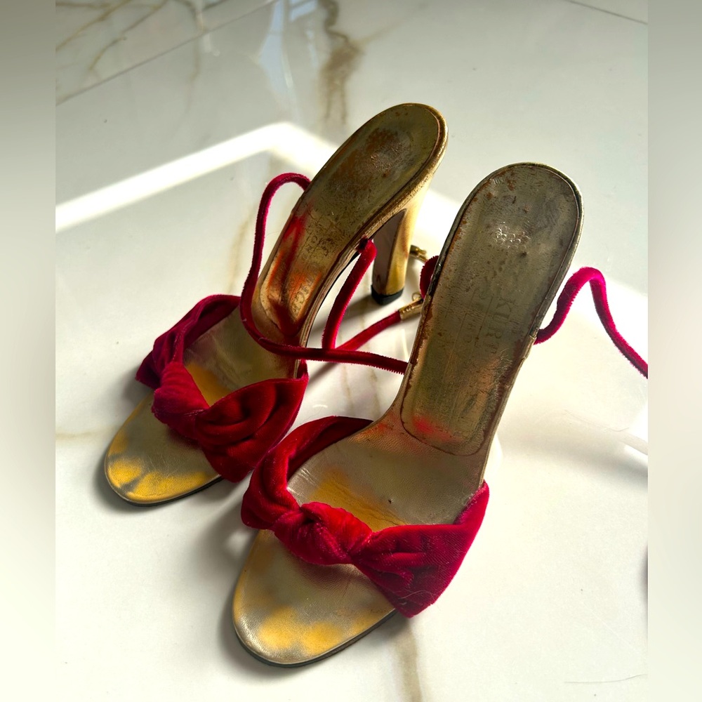 Authentic Kurt Geiger vintage heels with red bows and ankle straps